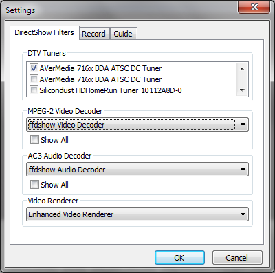 Easy HDTV DVR Settings Dialog